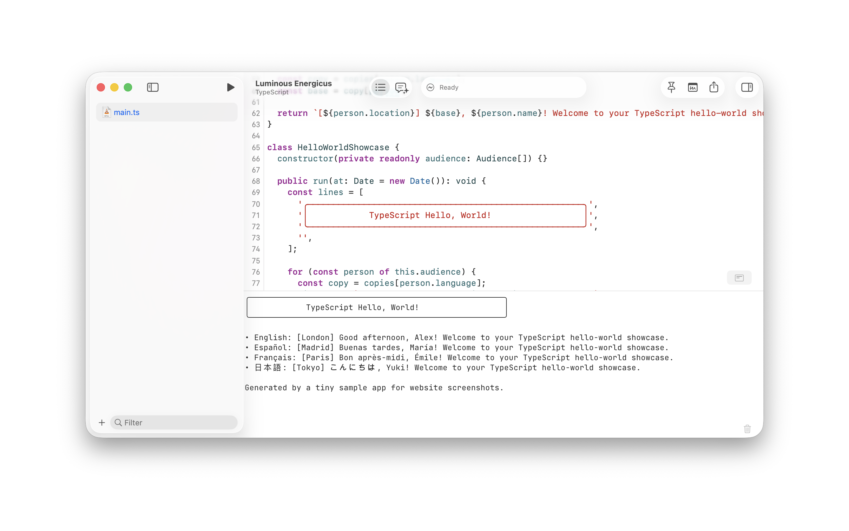 Notepad.exe editor running TypeScript on macOS