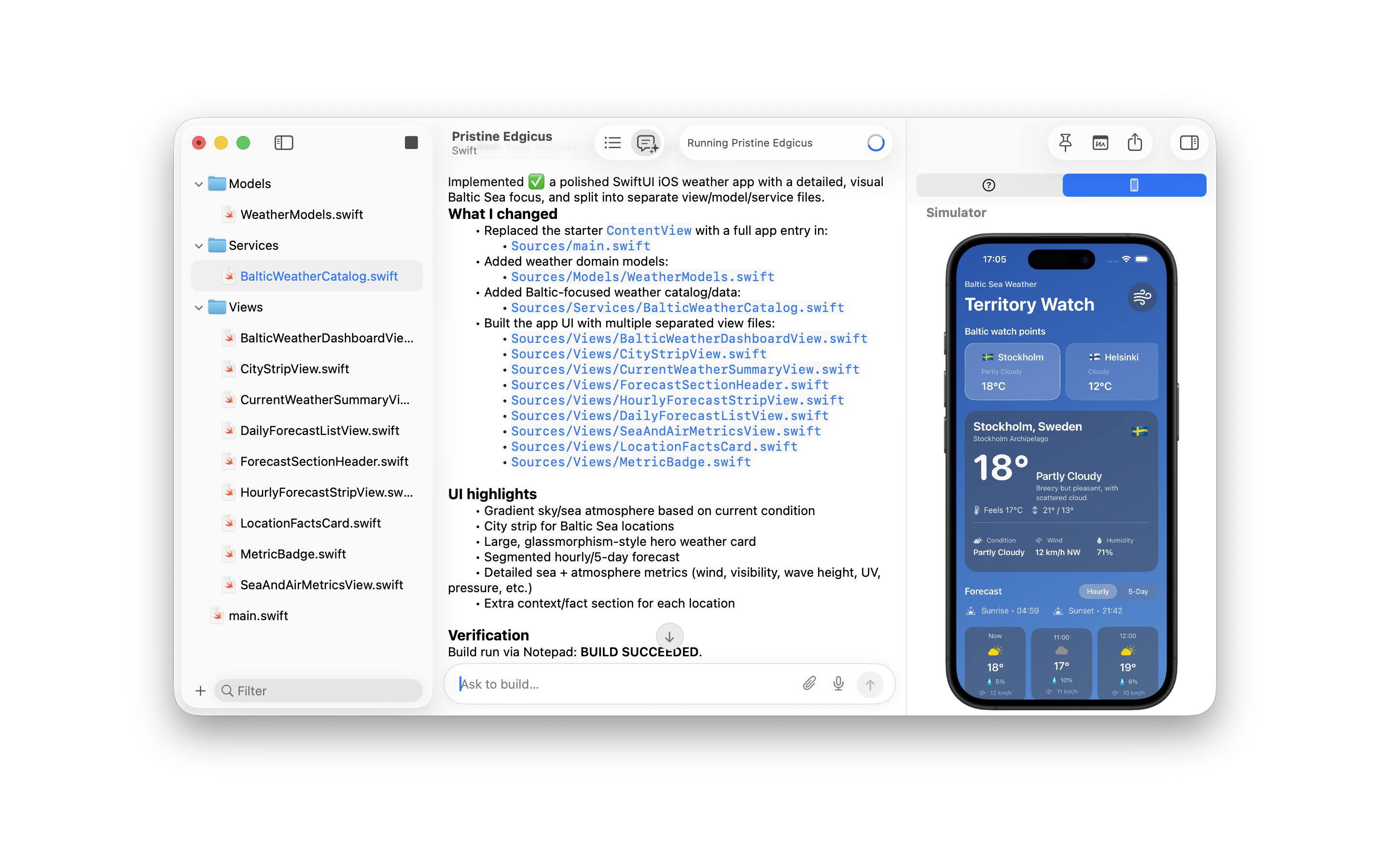 Notepad.exe assistant showing build results beside an iOS Simulator run
