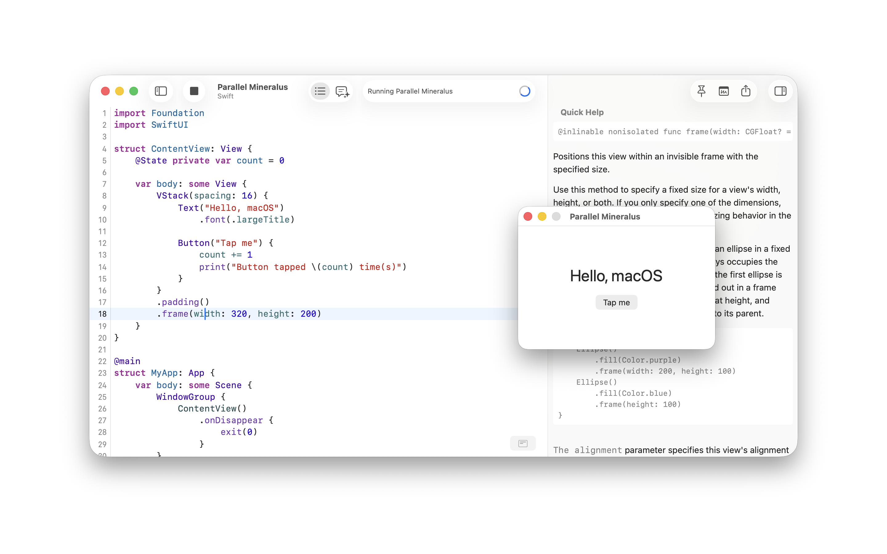 Notepad.exe running SwiftUI code with the resulting Mac app window in front